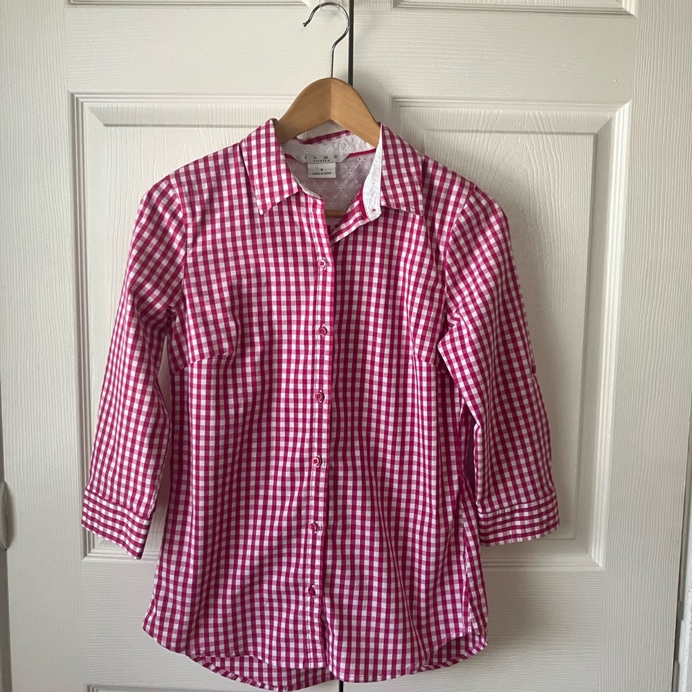 Como Gingham Pink & White Collared 3/4 Button Down Shirt Size Small